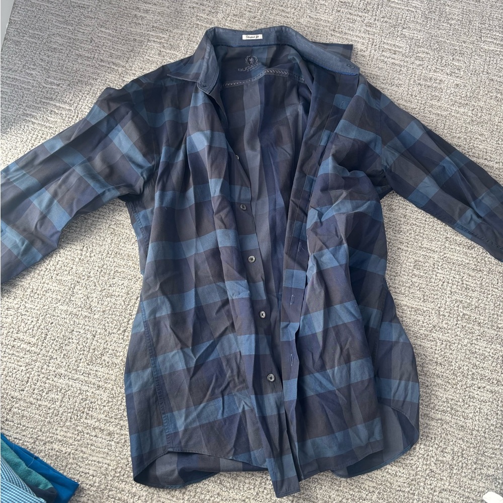 Bugatchi Navy and Black Checkered Shirt